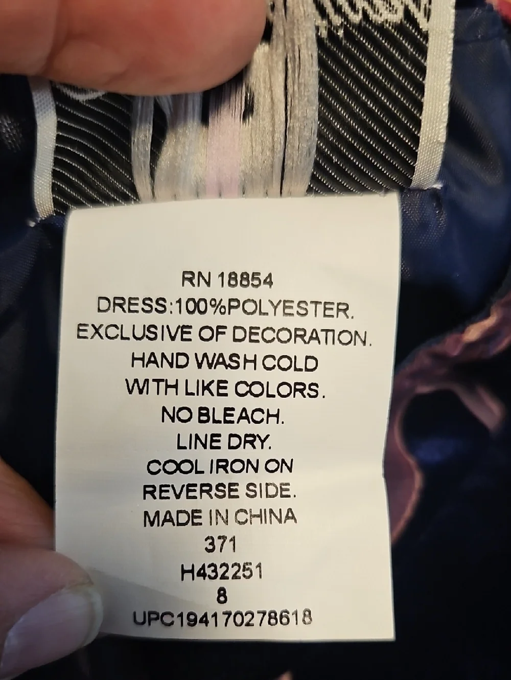 Rare Editions Navy Velvet Dress with Pink Floral Accents Size 8